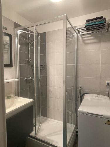 une salle de bain avec une douche, des toilettes et un lavabo dans l'établissement Appartement, Cabourg Plage, Centre ville - Aquilon, à Cabourg