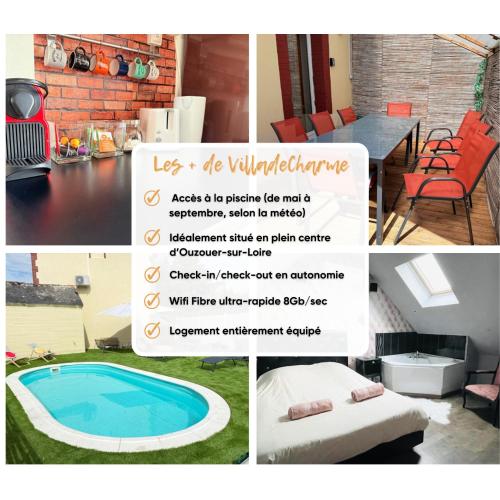 un collage d'images d'une piscine et d'un prospectus dans l'établissement Villa de charme avec piscine privée, à Ouzouer-sur-Loire