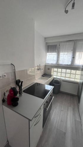 une cuisine avec un évier et un plan de travail dans l'établissement T3 Cosy situé au centre-ville, à Dunkerque