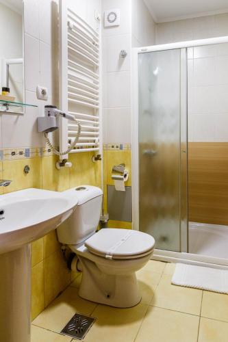 a bathroom with a toilet and a sink and a shower at Hotel Vila Lago in Palić