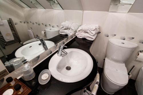 a bathroom with a sink and a toilet and a mirror at Hotel Vila Lago in Palić