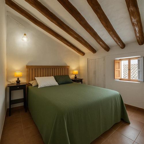 a bedroom with a green bed with two night stands at Casa Kiona in Moratalla