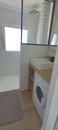 une salle de bain avec une machine à laver et un lavabo dans l'établissement Bel appartement, grande terrasse côté mer Kerroc'h, à Ploemeur