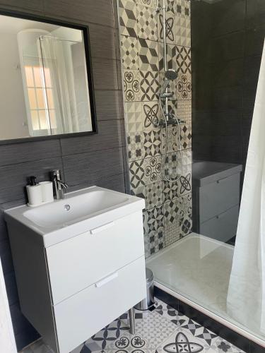 une salle de bain avec un lavabo blanc et une douche dans l'établissement L echo des pins, plage à pied, à Merville-Franceville-Plage