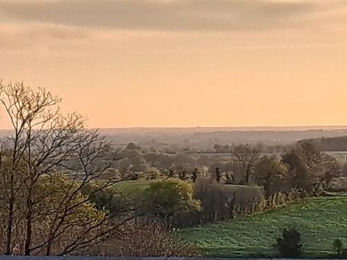 une peinture d'un champ avec des arbres au loin dans l'établissement La Gaubretière, à LʼÉpaux