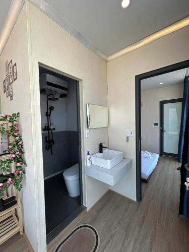 a bathroom with a sink and a toilet at TNT Homestay in Thôn An Cư Ðông