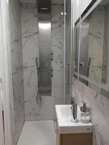 une salle de bain avec douche et lavabo dans l'établissement Le Belchamps, Séjour Central entre Gare et Musée, à Metz