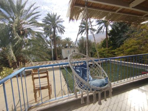 a hammock on a balcony with two chairs and palm trees at Patricia & Eilam house in Ein Gedi