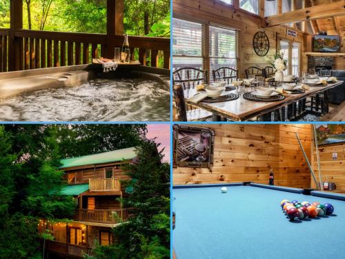 a collage of four pictures of a cabin with a pool at Pet Friendly Family Cabin with Hot Tub & Game Room Near Dollywood in Pigeon Forge