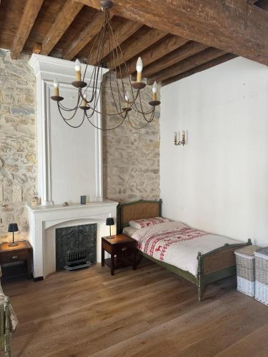 une chambre avec un lit et une cheminée dans l'établissement Arlesian house overlooking the arenas, à Arles