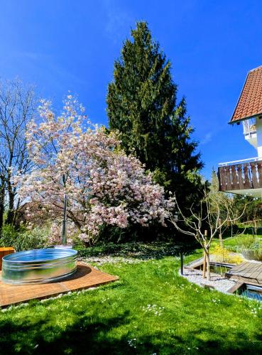 a garden with a large bowl in the grass at Ruhestifter-Salem mit Aromasauna und Hot Tub in Salem