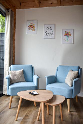 a living room with two blue chairs and a coffee table at Mimosa bed & breakfast in IJsselmuiden in IJsselmuiden