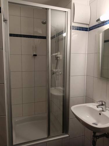 a bathroom with a shower and a sink at Frühstücks Pension Ebner-Hollerer in Übelstein