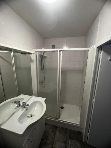 une salle de bain blanche avec un lavabo et une douche dans l'établissement Studio rénové avec balcon, Calme et lumineux à Tours, à Tours
