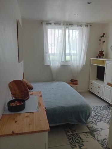 une chambre avec un lit, une chaise et une fenêtre dans l'établissement Le doumé Studio d'hôte chez l'habitant, à Marseille