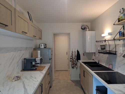 Il comprend une cuisine avec des comptoirs en marbre blanc et un réfrigérateur. dans l'établissement Appartement 4 à 6 couchages au calme, au Mans