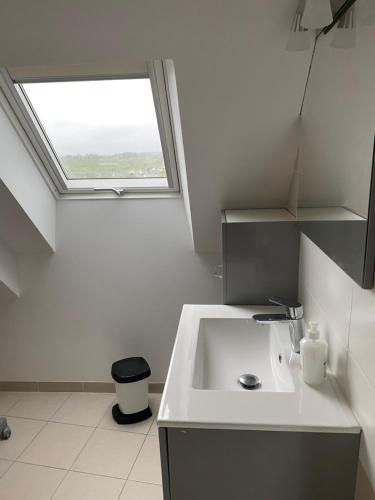 une salle de bain blanche avec un lavabo et une fenêtre dans l'établissement Les sorbiers, à Crozon