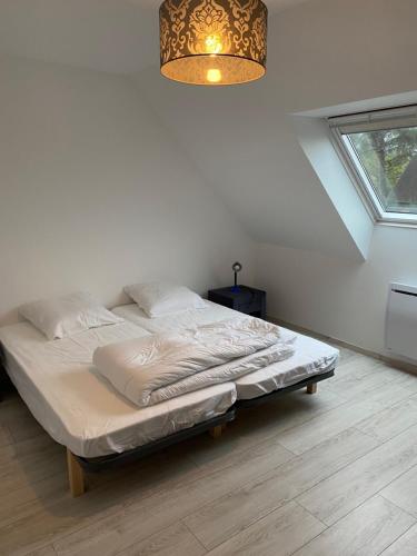 Ce lit se trouve dans une chambre blanche dotée d'un lustre. dans l'établissement Les sorbiers, à Crozon