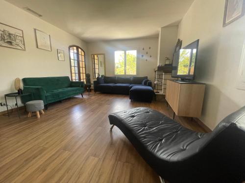 un salon avec un canapé et une télévision dans l'établissement Villa Casa azul, à Cuxac-dʼAude