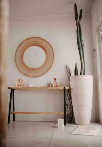 a table with a plant and a mirror on the wall at Clanwilliam Dam House in Clanwilliam