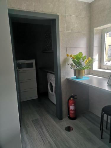 a bathroom with a sink and a washing machine at SunHouse Alojamentos in Senhora da Hora