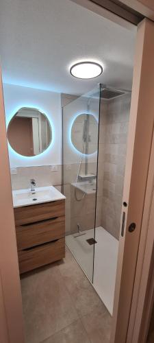 une salle de bain avec une douche, un lavabo et un miroir dans l'établissement Maison de Provence entre mer et montagnes, à Auribeau-sur-Siagne