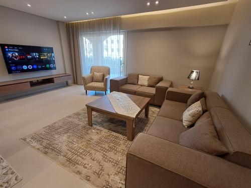 Μια τηλεόραση ή/και κέντρο ψυχαγωγίας στο شقة فندقية الشيخ زايد بحديقة خاصة ومدخل خاص داخل كمبوند