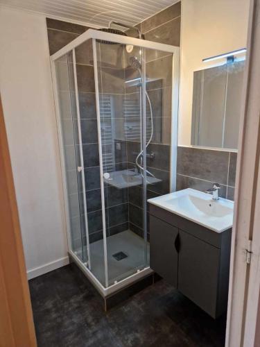 une salle de bain avec une douche en verre et un lavabo dans l'établissement Duplex 59m2 - proche centre - balcon plein sud, à Corrençon-en-Vercors