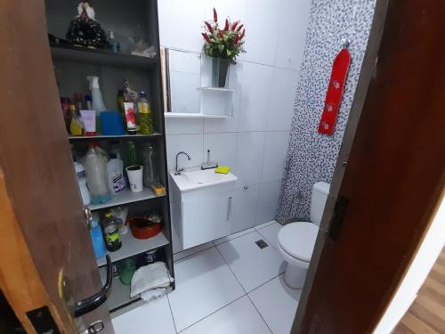 une petite salle de bain avec toilettes et lavabo dans l'établissement Chácara Fazendinha Oliveira, à Mogi das Cruzes