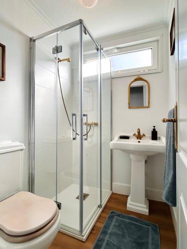 a bathroom with a shower and a toilet and a sink at La Casita de las Vistas in A Guarda