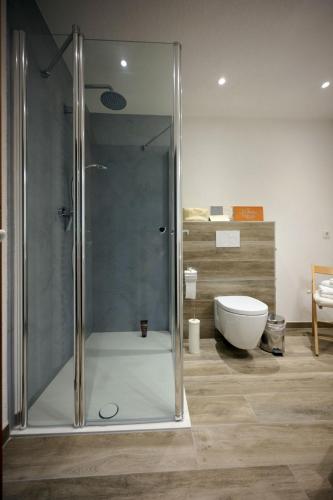 a bathroom with a glass shower and a toilet at Ferienwohnung Kuhn in Wallbach