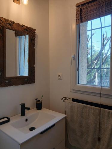 une salle de bain avec un lavabo, un miroir et une fenêtre dans l'établissement Face à la garrigue, à Viols-le-Fort