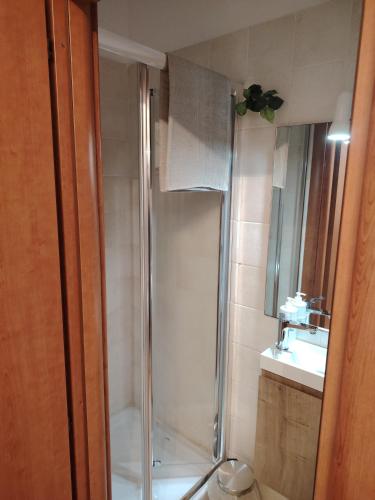 a shower with a glass door in a bathroom at Il Terra Cielo Apartment in Modugno