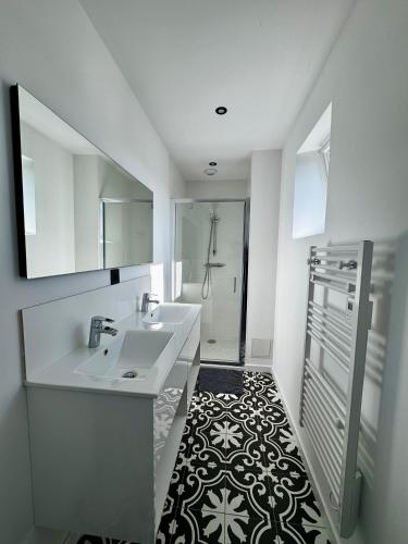 une salle de bain blanche avec un lavabo et une douche dans l'établissement Chambre dans maison cosy, à Château-Gontier