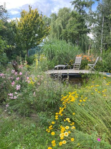 a garden with a chair sitting on a wooden bridge at Kamer in een Strobalen huis in Linter