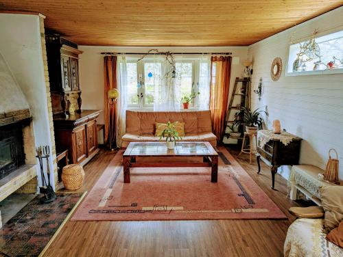 salon z kanapą i stolikiem kawowym w obiekcie Moonstone Meadow w mieście Ludvigsborg
