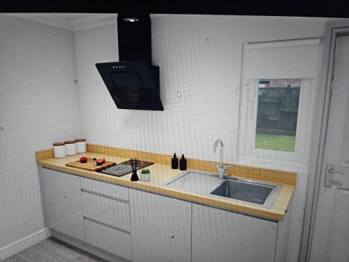 a kitchen counter with a sink and a microwave at SHEFFIELD ARENA APPARTMENT s9 in Attercliffe