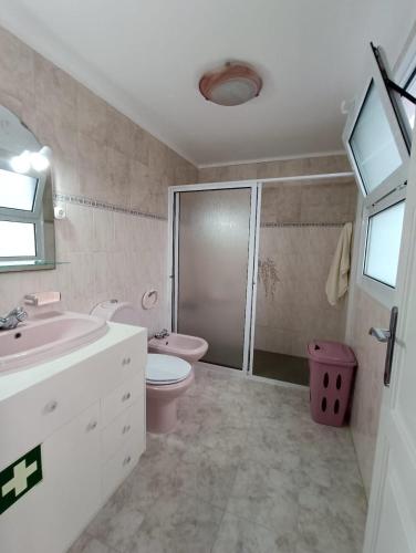 a bathroom with a toilet and a sink and a shower at Ribeirinha House in Porto Formoso