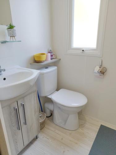 une salle de bain avec des toilettes blanches et un lavabo dans l'établissement Mobil Home 6-8p 3ch 2sb Clim, à Seignosse