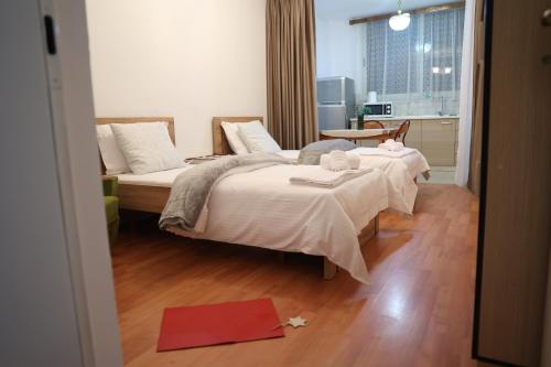 una camera da letto con due letti e un tappeto rosso di Mirage appartment a Tirana