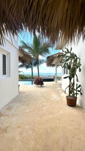 a patio with a view of the ocean and a palm tree at Villa blanca chambre d'hôtes vue sur mer in Las Terrenas
