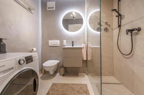 a bathroom with a shower and a toilet and a washing machine at Ferienwohnung Konrad in Friedrichshafen