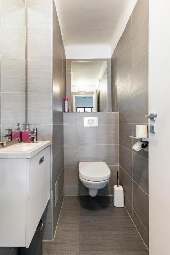 une salle de bain avec des toilettes blanches et un lavabo dans l'établissement 5p 100 m2 Garage 2 BalconiesStrasbourg center, à Strasbourg