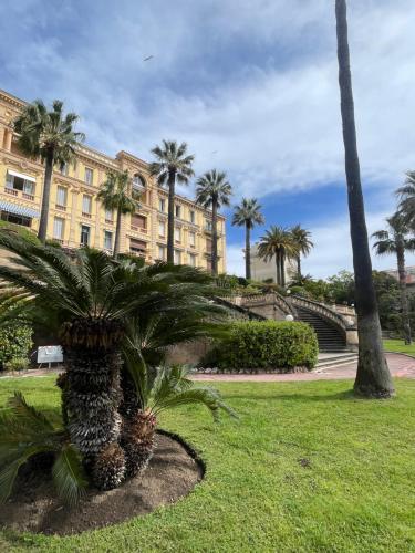 un palmier devant un bâtiment dans l'établissement Parc Continental Apartment with sea view, à Cannes