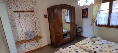 a bedroom with a bed and a mirror at Gite 3 Frontières in Hagenthal-le-Bas