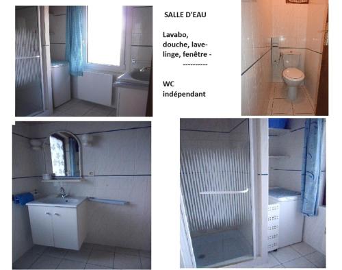 un collage de trois photos d'une salle de bains dans l'établissement La Cévane, à Chorges