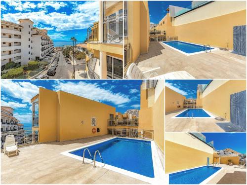 Un collage de fotos de un edificio y una piscina en La Perla Beach Vibes, en Puerto de Santiago