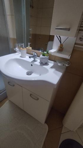 a bathroom with a white sink and a mirror at The Guest Apartment 2025 in Fier