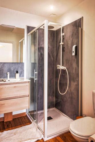 une salle de bain avec une douche avec un lavabo et des toilettes dans l'établissement Cocon Marguerite - Appartement cosy - Idéal pro et cyclistes, à Mayenne