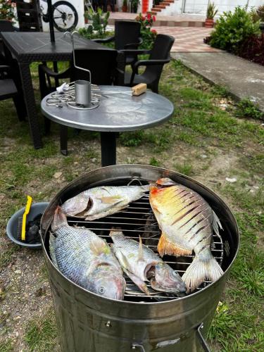 a bunch of fish are cooking on a grill at Finca de descanso Brisas de Calandaima in Viotá